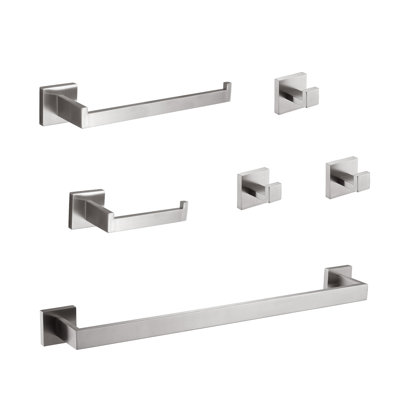 Ensemble d'accessoires de salle de bain 6 pièces en acier inoxydable nickel brossé avec barre porte-serviettes, porte-papier hygiénique, anneau porte-serviettes et crochets.