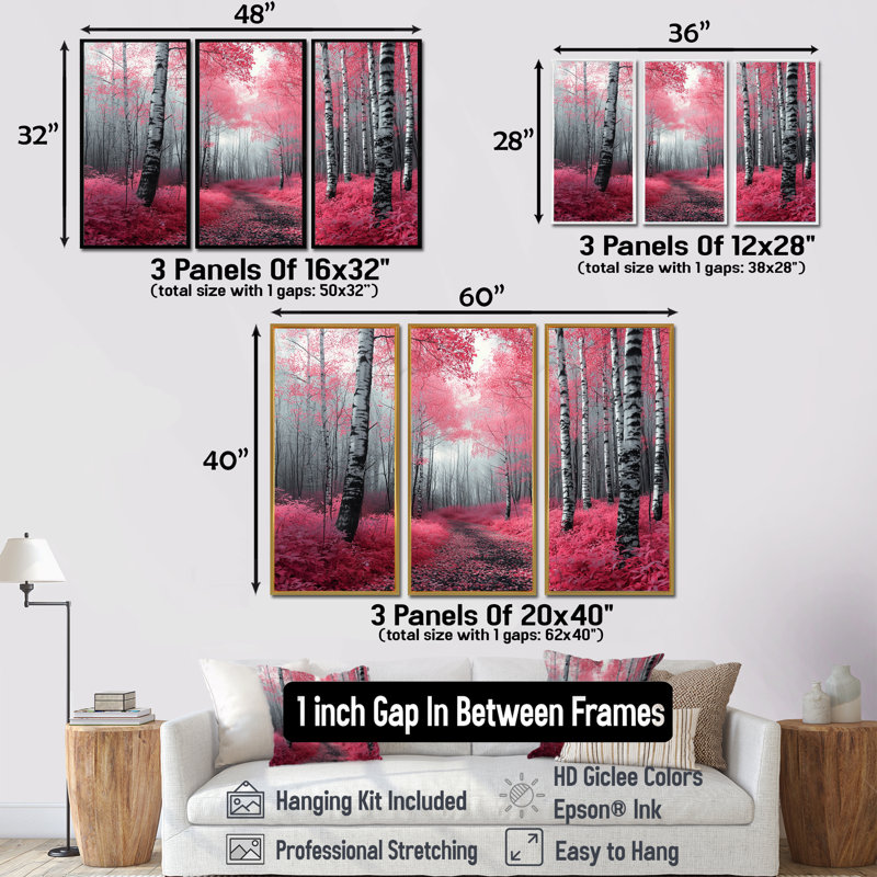 Bouleaux roses, chemin forestier, Panorama I - ensemble de décorations murales forêt, Toile avec cadre flottant or