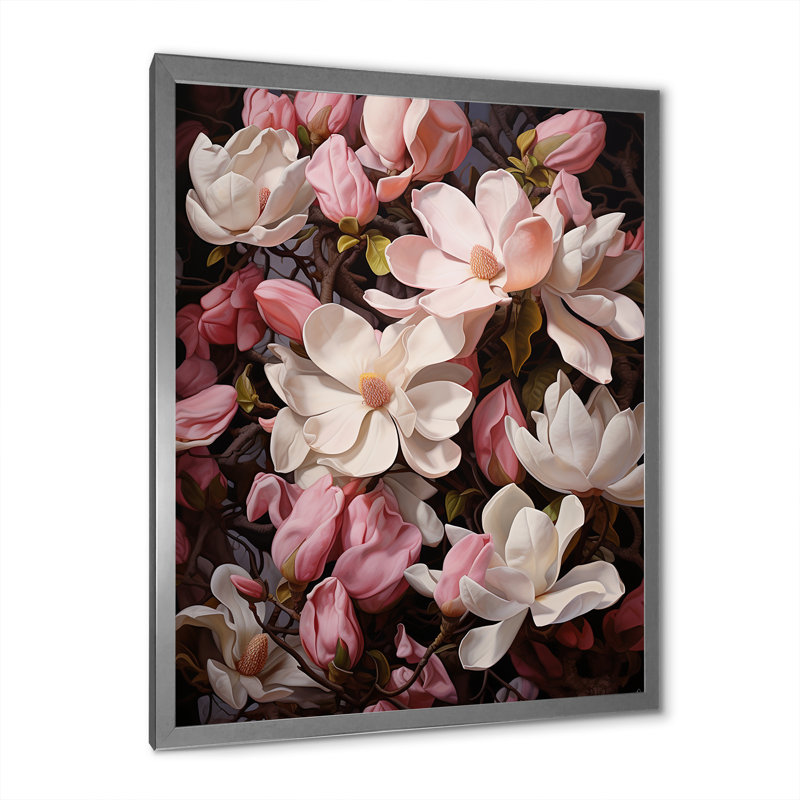 Rose, blanc, magnolia et magnolia - Étreinte, H 40 po x l 30 po x P 1,5 po, Cadre photo argenté