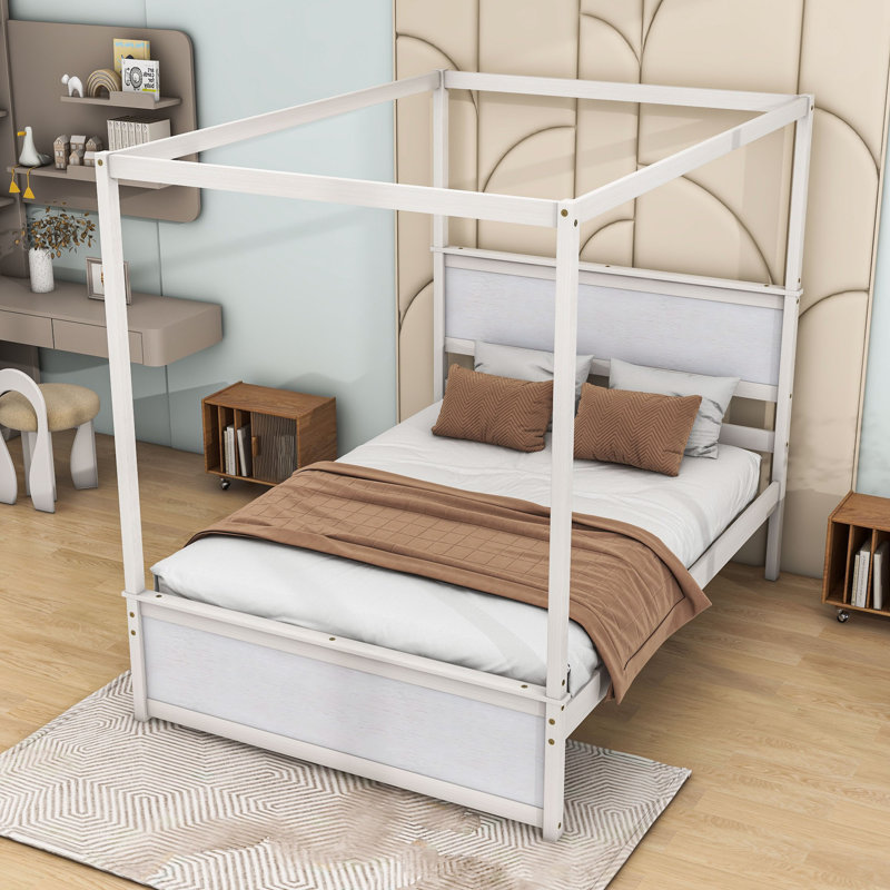 Puskaric Full Size 2 Drawers Wooden Canopy Platform Bed, Brushed White