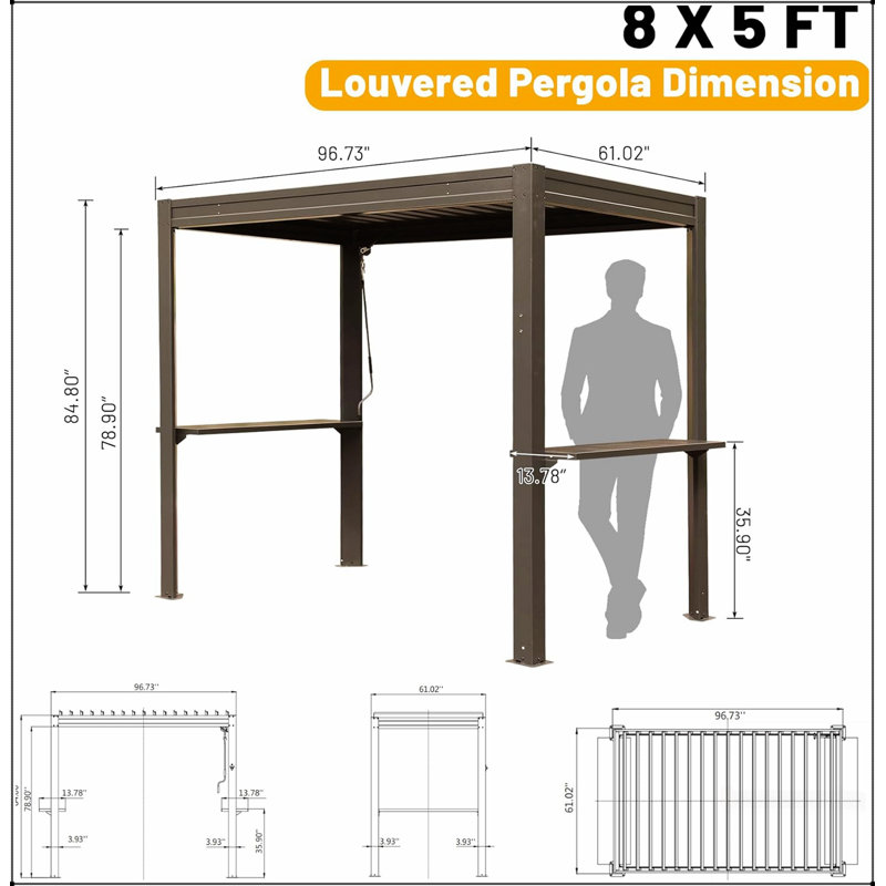 Pergola à persiennes 8 x 5 pi avec toit réglable et gouttière intégrée, parfaite pour cuisiner et se divertir à l'extérieur