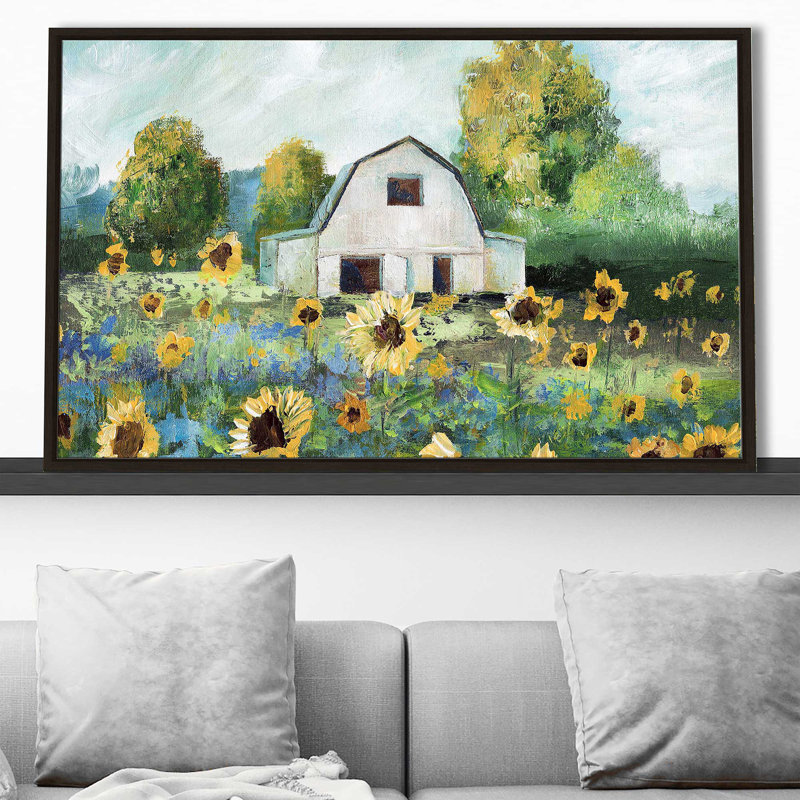 Sunflower Barn par - Peinture, Cadre flottant espresso, H 21,5 po x l 33,5 po x P 2 po