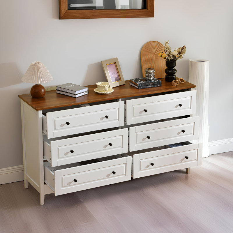 Commode de rangement blanche à 6 tiroirs avec poignées en métal, tiroirs larges et finition grain de bois rouge