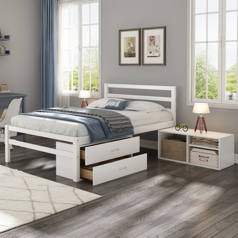Lit plateforme en bois de taille avec tablettes de rangement amovibles, deux tiroirs de rangement intégrés pour plus de commodité,