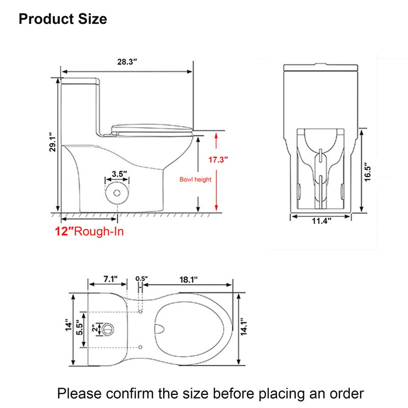 1.1/1.6 GPF Tornado Flush One-Piece Toilet Elongated, Siphonic S-trap 12",Soft Closing Seat, Button on Tank top ,Powerful Dual Flush MAP 1000g, Comfort Chair Seat ADA Height 17", Matte black.