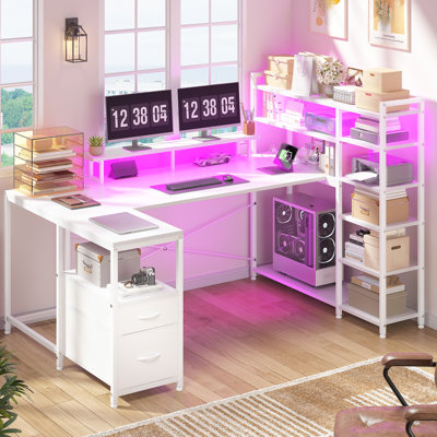 63" Reversible U-Shaped Computer Gaming Desk With Power Outlet & LED Lights, 6-Tier Storage Shelves & 2 Fabric Drawers