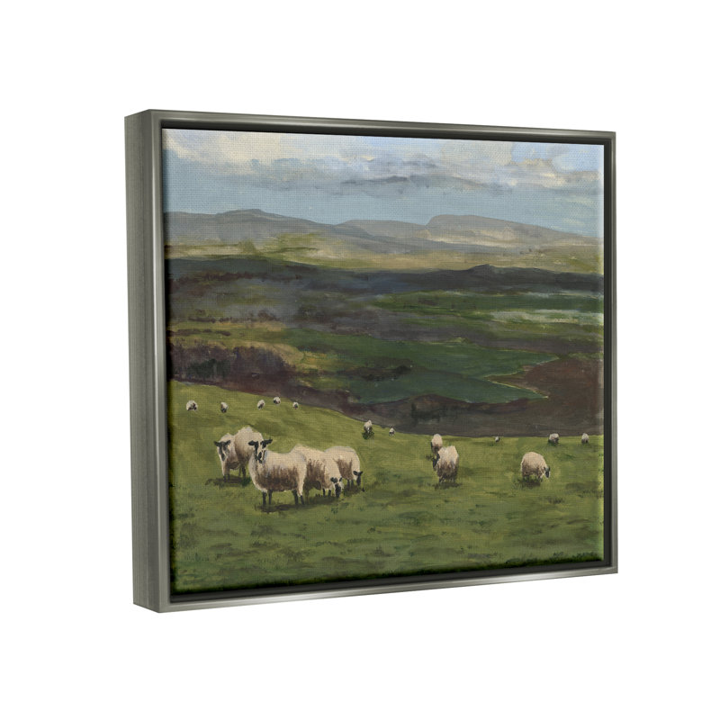 Troupeau de moutons broutant sur toile, H 25 po x l 31 po x P 1,7 po, Cadre flottant gris lustré