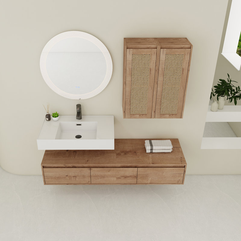 Meuble-lavabo mural 60 po avec lavabo en résine et armoire à 2 côtés, tiroir à fermeture en douceur 60 po