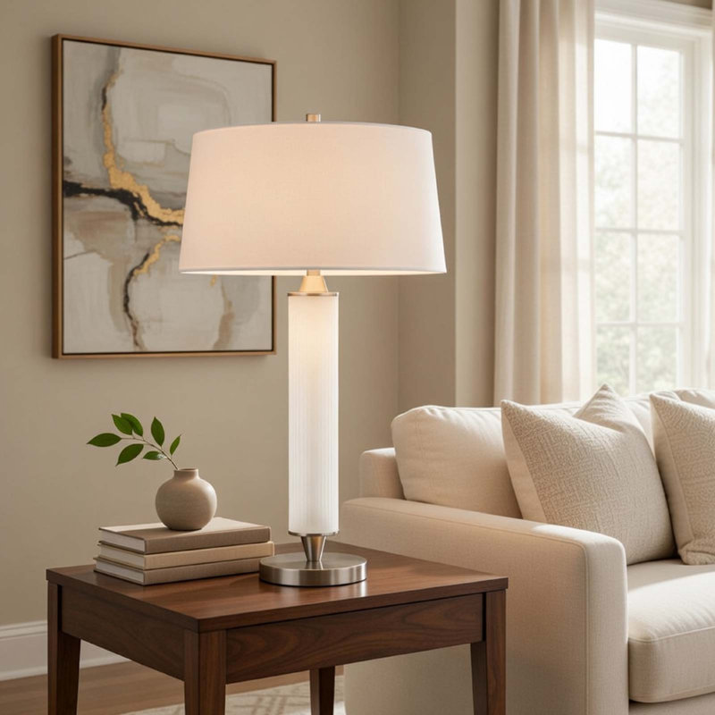 Lampe de table avec lumière DEL, abat-jour blanc, verre givré cannelé, 30 po