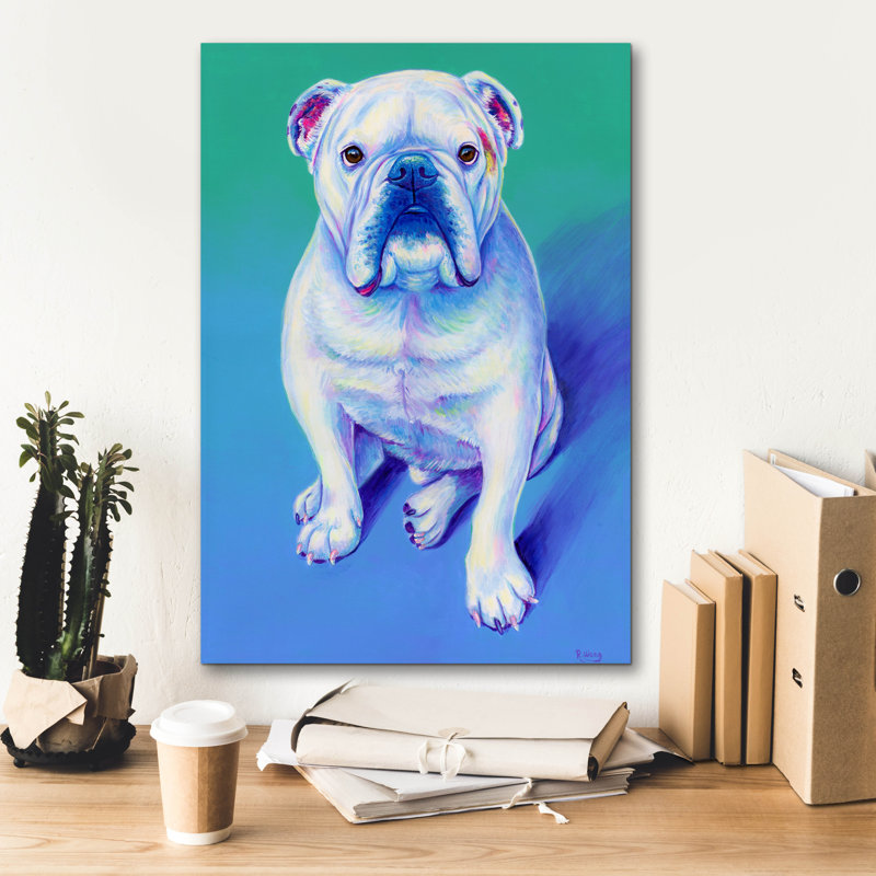 «White English Bulldog» par Rebecca Wang, art mural sur toile, 26 po x 34 po, H 26 po x l 18 po x P 0,75 po