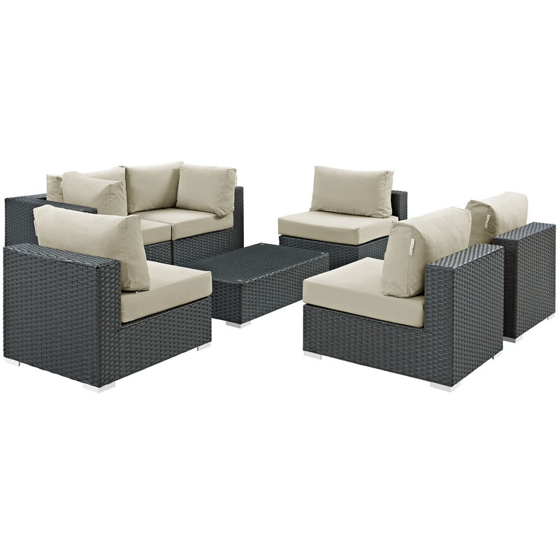 Modway Stopover 7 Piece Outdoor Patio Sectional Set, Antique Beige Sunbrella® Canvas