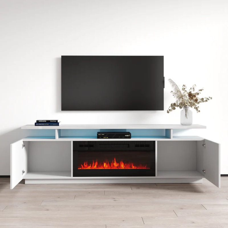 Unfinished TV Stand for TVs up to 75" with Fireplace Included, White