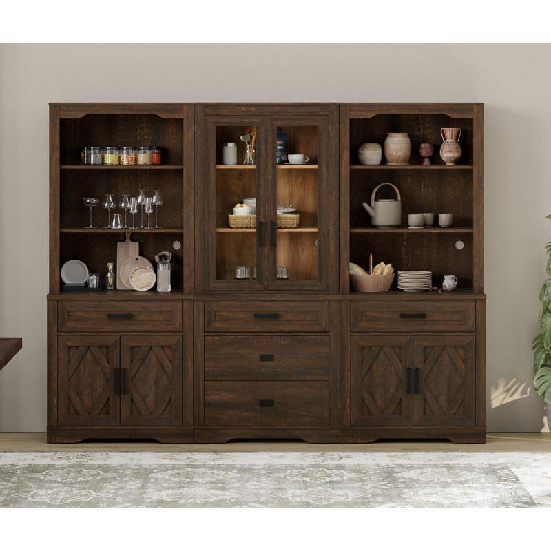 3 Column Bookshelf Set,5 Tier Book Shelf With Open Storage And Glass Doors,73"H Tall Wood Bookcase With Storage Cabinet And Drawers For Study,Bedroom,Living Room,Rustic Brown