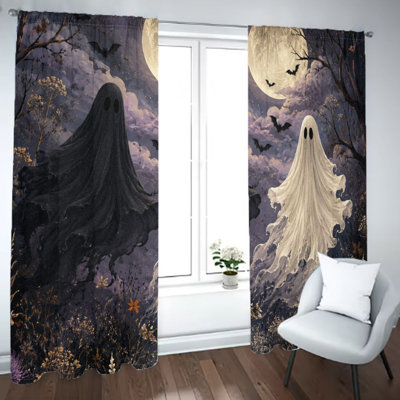 2Pcs Spooky Ghost Moon Curtains, Halloween Themed Dark and Whimsical Design for Living Room Bedroom Kitchen Rod Pocket Window Drapes