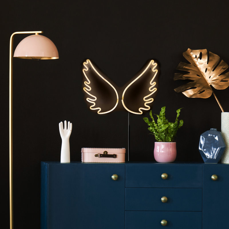 White LED Neon Style Angel Wings Wall Sign with Metal Frame
