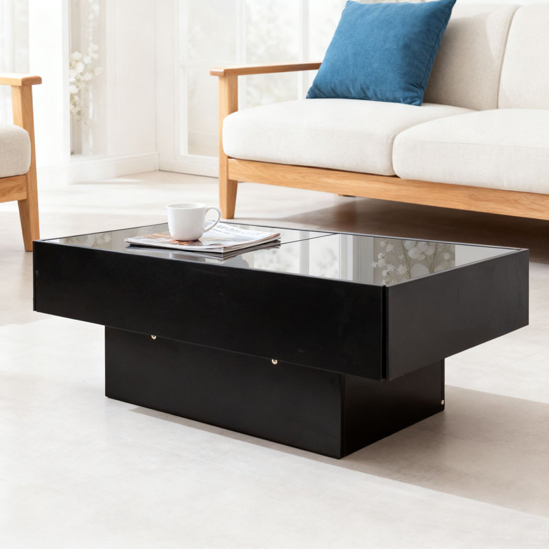 Table basse moderne noire avec plateau relevable et compartiment de rangement