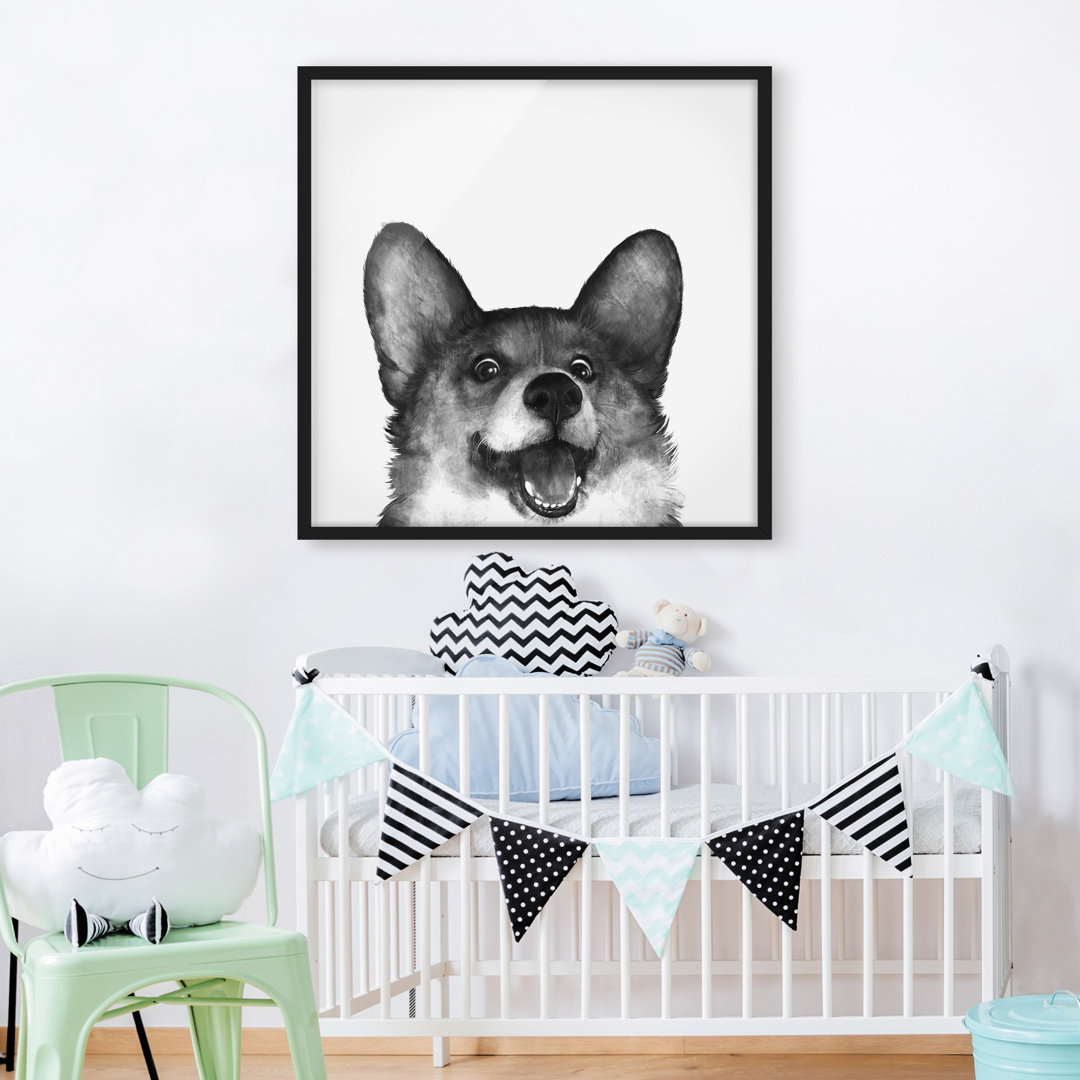 Gerahmtes Poster Illustration Hund Corgi Weiß Schwarz