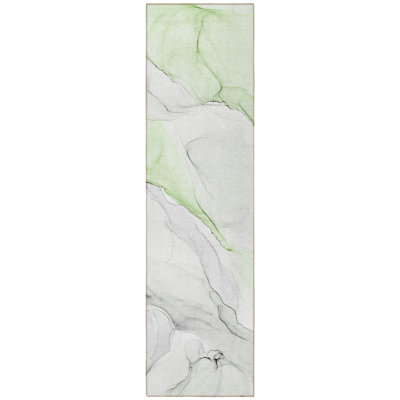 2' X 8' Green Abstract Washable Indoor Outdoor Runner Rug