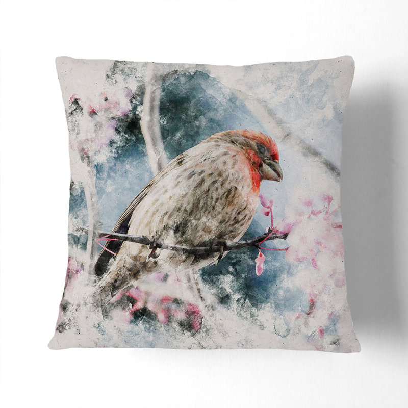 A House Finch Bird Watercolour Scatter Cushion, 55cm H x 55cm W x 20cm D, White