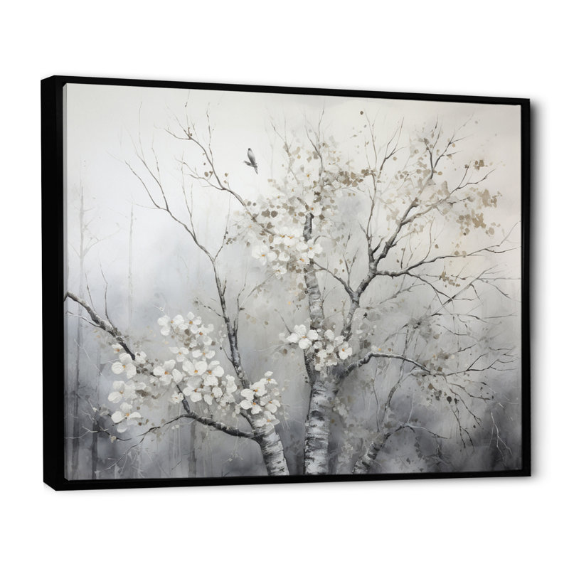 Arbre gris gris, rêverie - art mural arbre monochrome, Cadre flottant noir, H 24 po x l 32 po x P 1 po