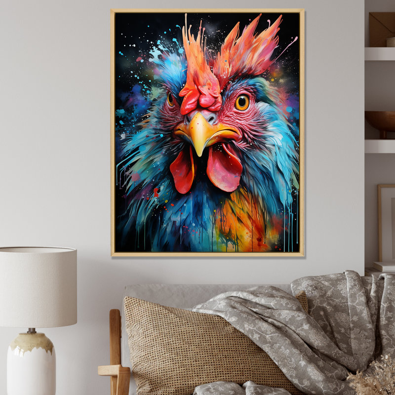 «Blue Red Rooster Chœur», art mural coq, Cadre flottant brun, H 32 po x l 24 po x P 1 po