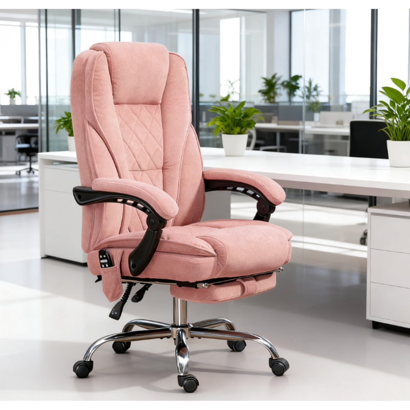Chaise de bureau de massage chauffante inclinable rose à hauteur réglable, massage par vibration à six points, chauffage lombaire à trois niveaux, tissu doux au toucher, angle d'inclinaison de 135 po, repose-pieds rétractable, 360 degrés