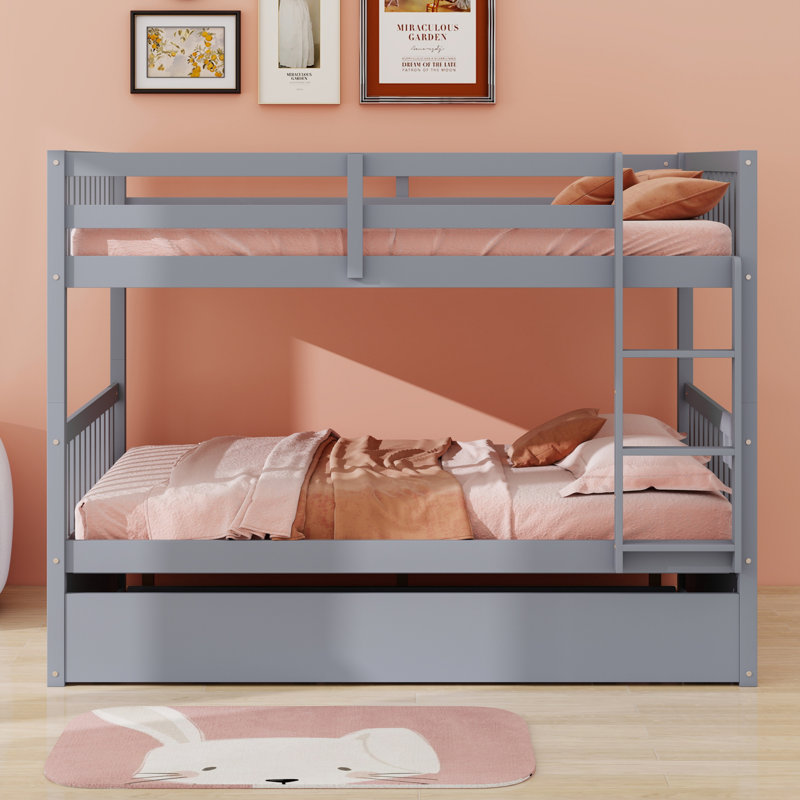 Bunk Bed With Trundle, Featuring Ladder And Guardrails, Gray