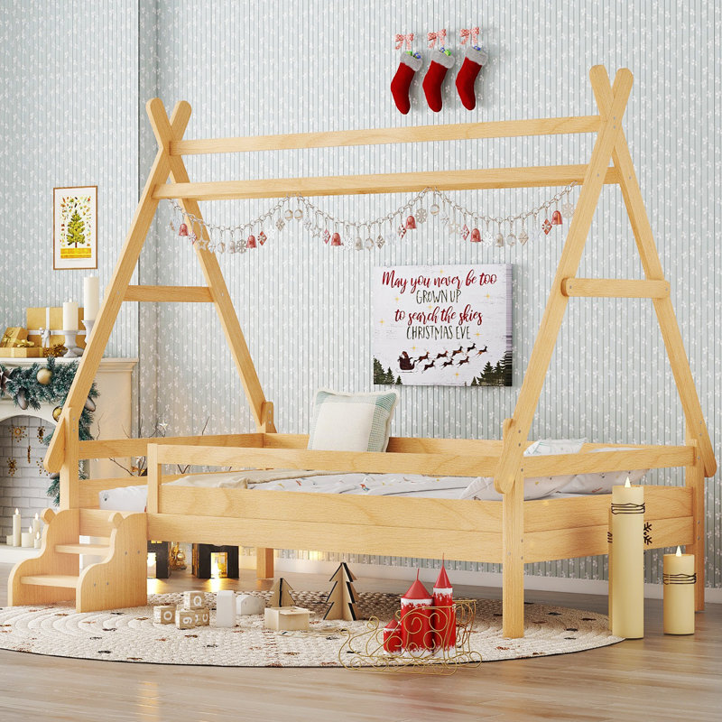 Twin House Platform Bed With Stairs, Solid Wood Twin Bed Frame, Low Profile And Childlike Fun Design.Natural, Natural, Twin
