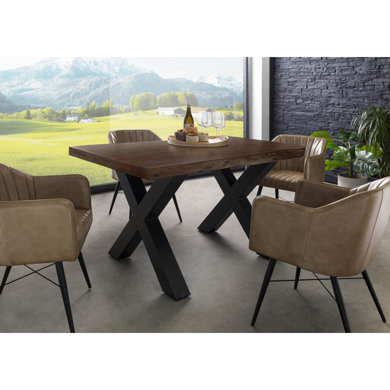 Freeform Acacia Solid Wood Top Metal Base Dining Table, 77cm H x 140cm L x 90cm W, Matte anthracite, Brown, white and pink