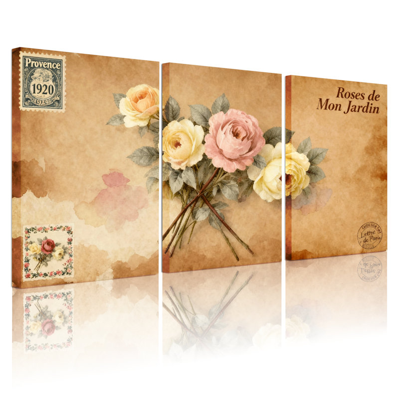 «Rose Vintage Roses», ensemble de 3 impressions sur toile, H 18 po x l 36 po