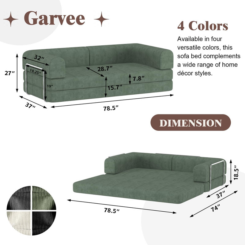 Canapé-lit convertible de 78 po, causeuse futon en velours côtelé moelleux, canapé-lit pliant à structure fixe, lit escamotable, canapé de salon sans assemblage