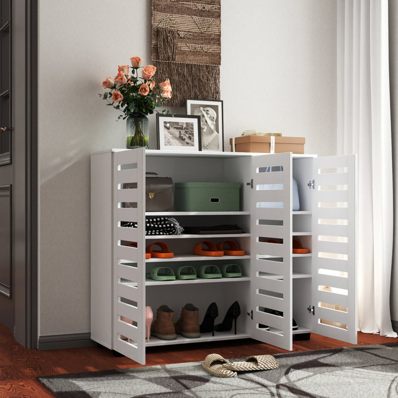Shoe Storage Cabinet With Louvered Doors For Entryway, Bedroom Elegant Living Room & Entryway Design - 38.73in Height, White