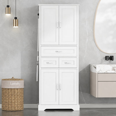Grande armoire de rangement pour salle de bain, tour à linge autoportante avec 4 portes et 3 tiroirs, tablettes réglables, organisateur de salle de bain blanc avec crochet en alliage d'aluminium pour la salle de lavage