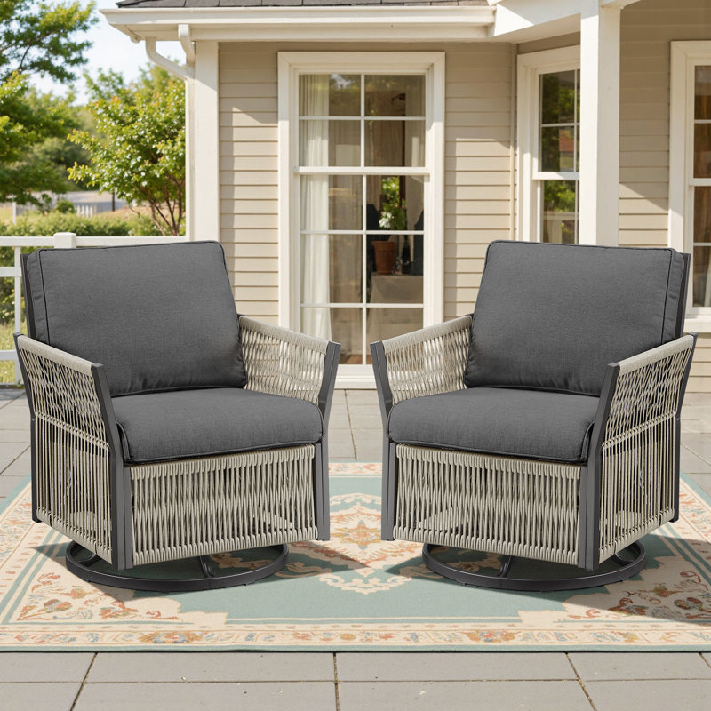 Outdoor Swivel Rocker Patio Chairs, 2 Pieces Rope Swivel Wicker Chairs Porch Furniture Set With 4" Premium Fabric Cushion & All-Weather Frame For Porch, Balcony, Garden, Poolside