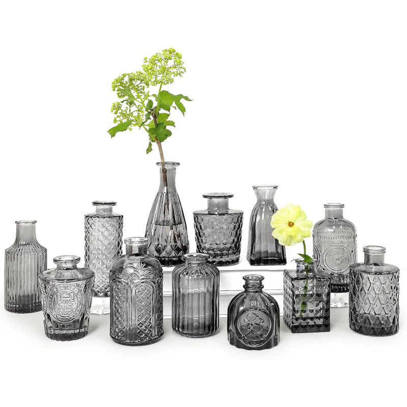 Set of 12 Black Etched Glass Bud Vases