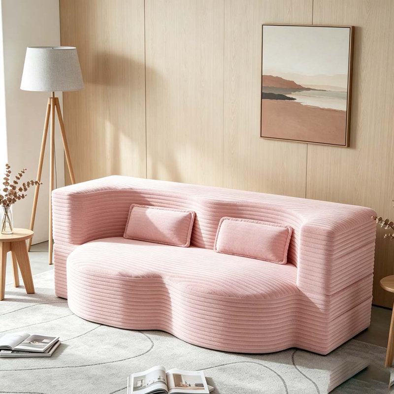 Modern Floor Sofa with 2 Pillows, Corduroy, Baby Pink