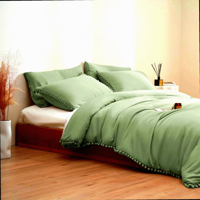 Boho Sage Green Pom Pom Fringe 5-Piece Queen Comforter Set with Pillowcases - Soft Bedding Comforter Set for Queen Size Bed