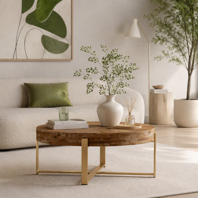 Retro Splicing Round Coffee Table,Fir Wood Table Top