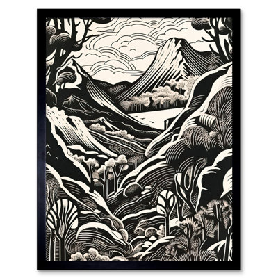 Ganzi Forest Mountain Landscape Black and White Linocut Single Picture Frame Wall Art