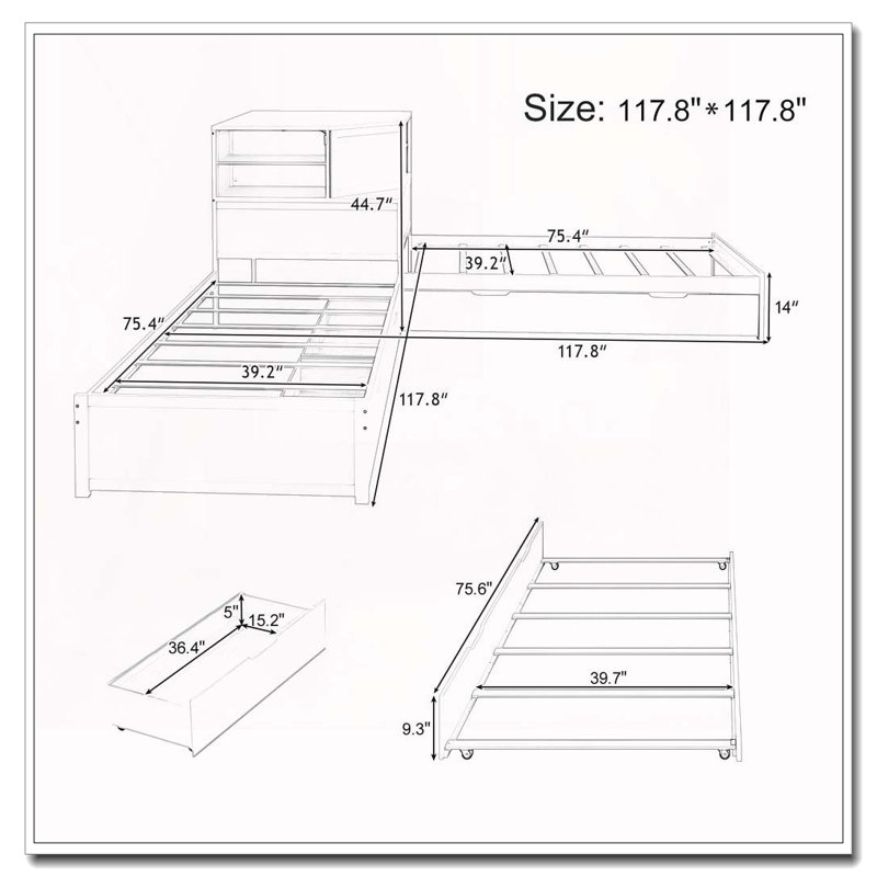 Structure de lit simple en L avec lit gigogne et bureau en L 3 en 1, Naturel
