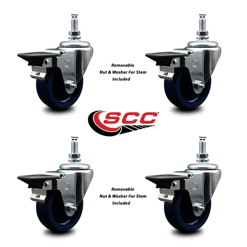 3.5 Inch_Solid Polyurethane 10MM Threaded Stem Caster Set with Brake