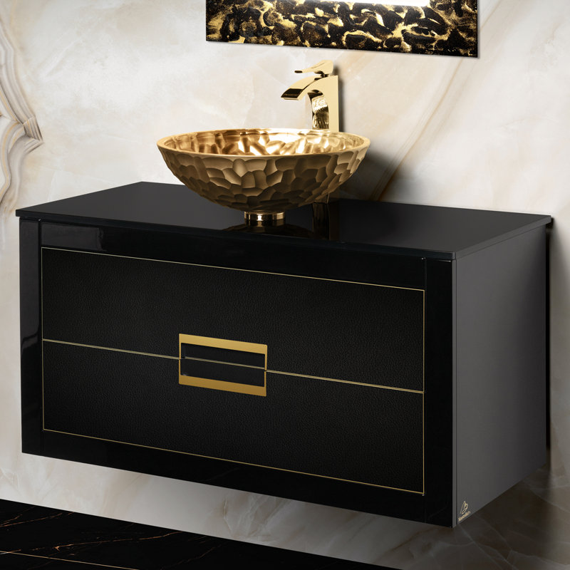 Meuble-lavabo mural simple 40 po avec comptoir en verre trempé, Noir