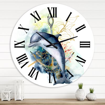 Dolphin Turtle Anchor & Linear Coral Reef Plants - Nautical & Coastal wall clock -  East Urban Home, 7645A261F41F4458B9FA40DF077678C9