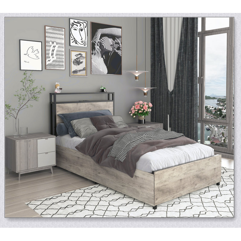 Base de lit, tête de lit avec rangement, charge, solide, stable, sans bruit, Gris délavé, Lit simple