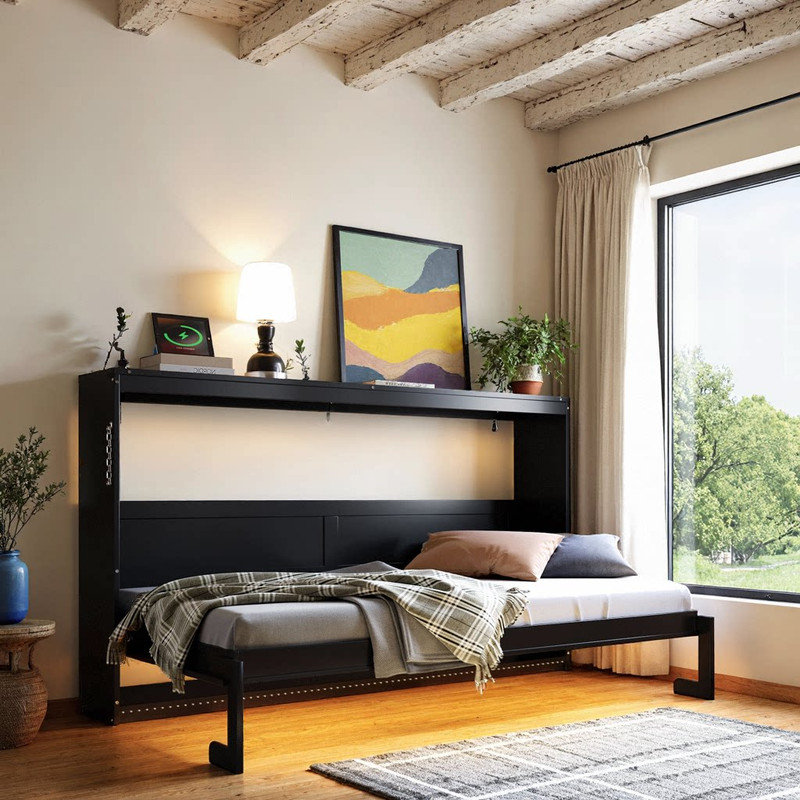Grand lit escamotable imprimé grand et simple avec éclairage DEL et charge USB, Lit simple, Noir