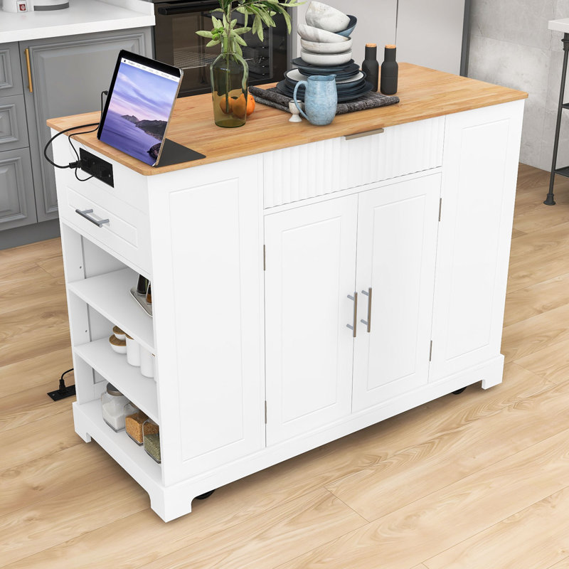 Rolling Kitchen Island with Shelves, 3 Drawers and Power Outlet, White