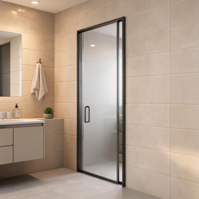 Porte de douche en alliage d'aluminium noir mat 24 pouces x 72 pouces avec design en verre trempé gaucher