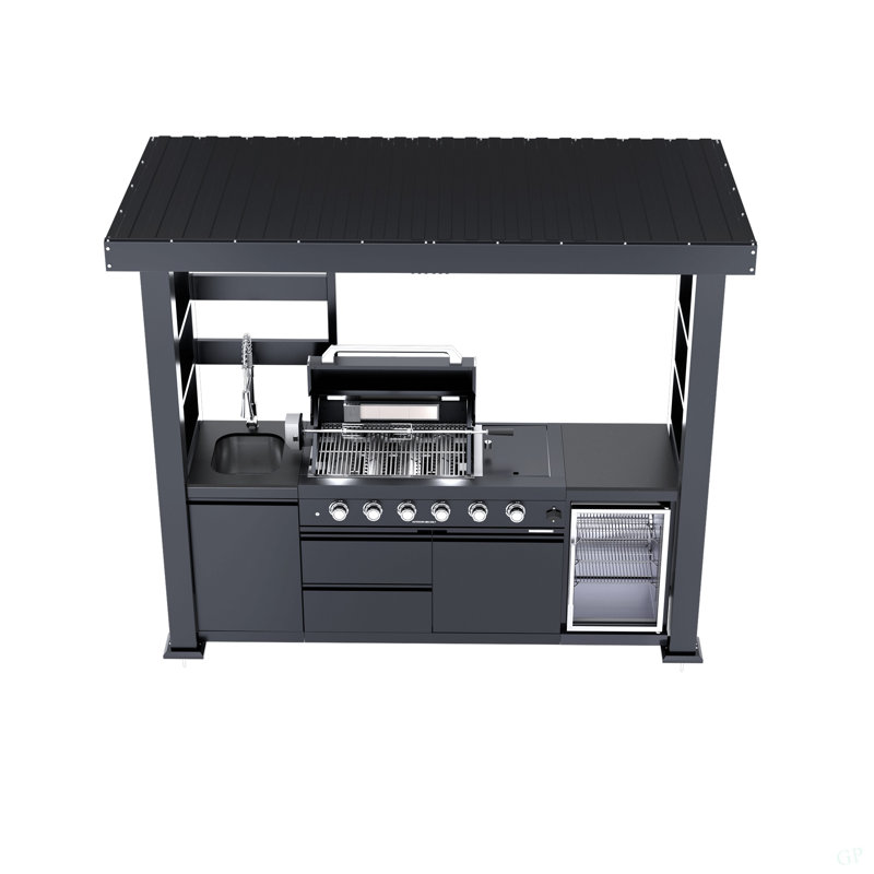 97-Inch 4-Burner 72000 BTU Deluxe Stainless Steel Gas Outdoor Kitchen Bar Barbecue Island Grill + Wine Cooler Compact Refrigerator + Rotisserie + Countertops + Storage Cabinets & Drawers