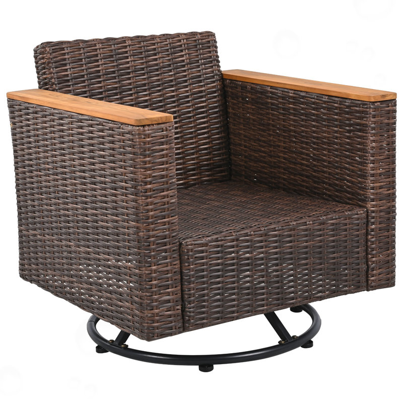 Ensemble 8 pièces en osier de qualité supérieure avec 2 chaises berçantes pivotantes, Coussin bleu / cadre brun