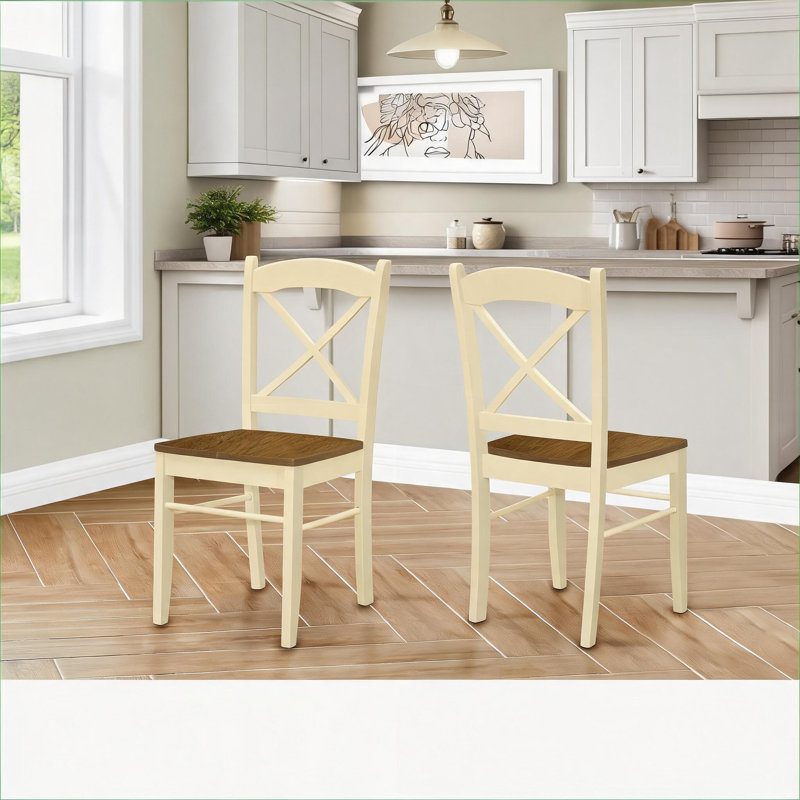 Ensemble de 2 chaises de salle à manger d'appoint en bois massif transitionnel, revêtement en lin beige avec pieds en chêne massif
